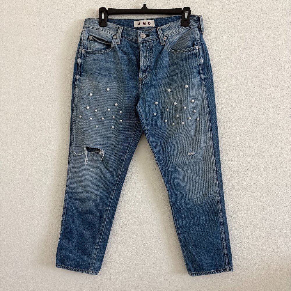 AMO Jean Y2K -Tomboy Crop Jeans Women’s Size 27  Button Fly Pearl Embellished